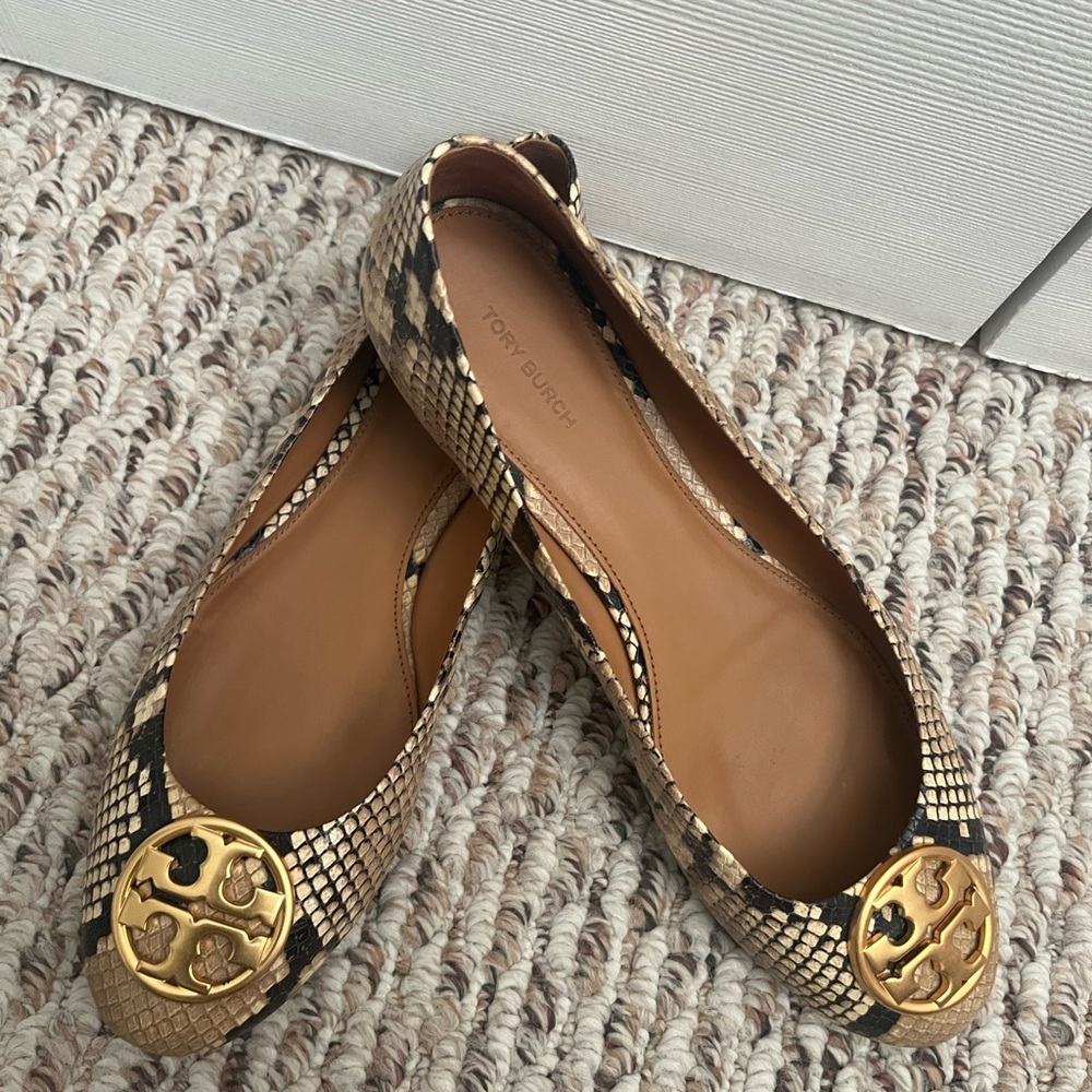 Tory Burch Gold and Tan Snakeskin Loafers